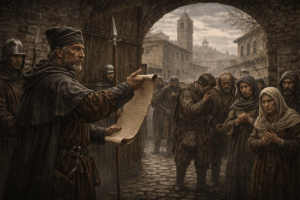 Recreació històrica de Terrassa el 1490: el batlle llegeix una crida per impedir l’entrada de persones sospitoses d’epidèmia